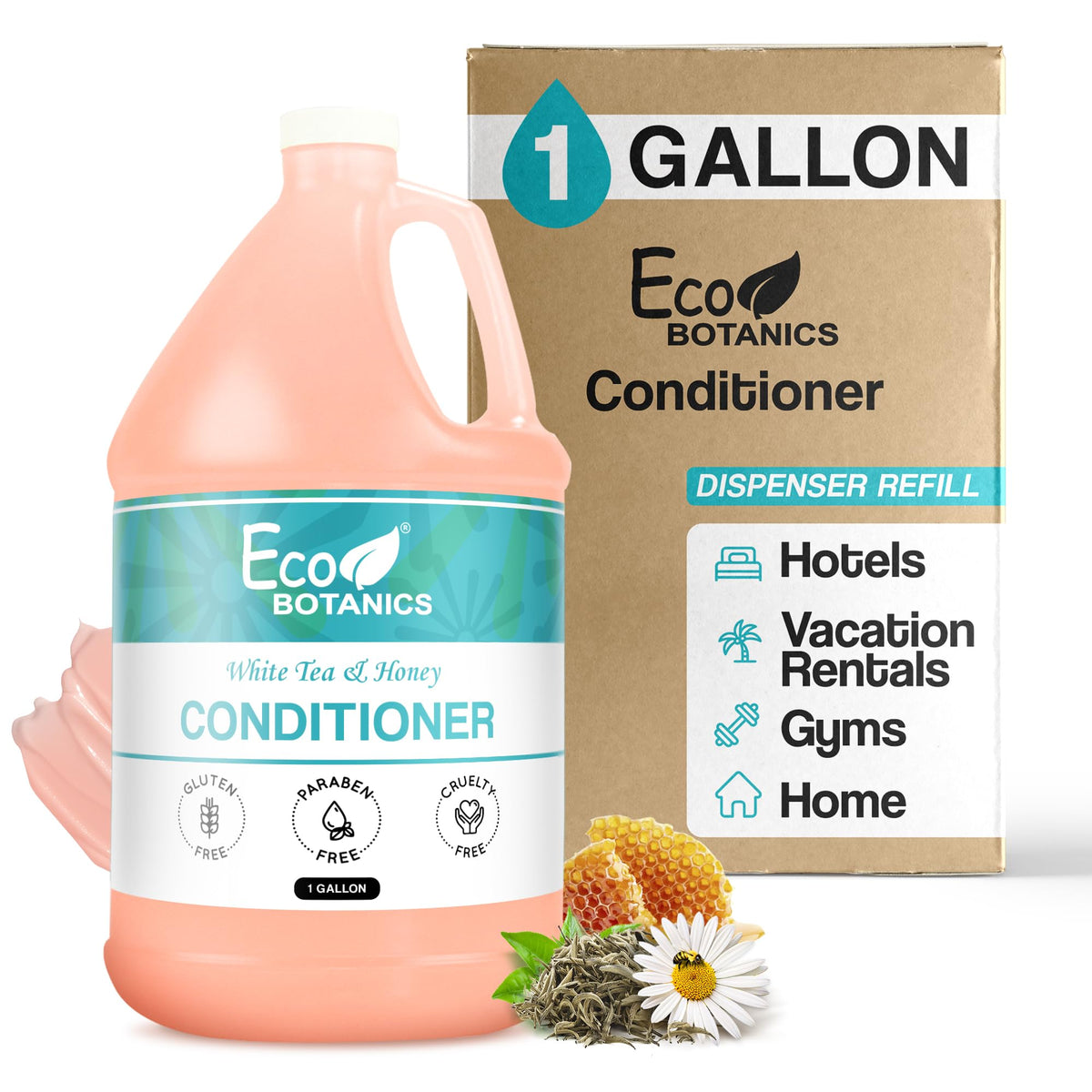 Terra Pure Eco Botanics conditioner bottle close-up with honey and white tea aroma for guest rooms