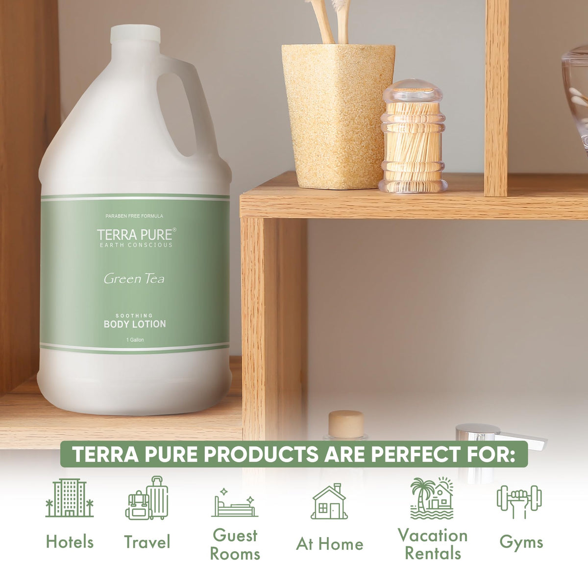 Terra Pure Green Tea Hotel Body Lotion in dispensers for in-room care