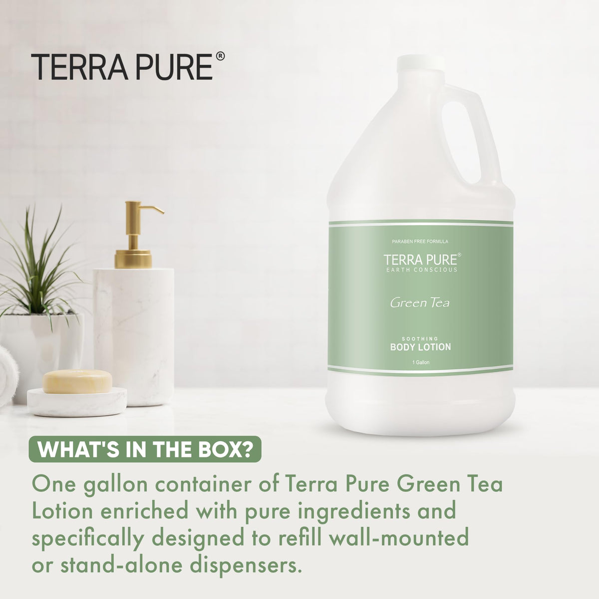 Terra Pure Green Tea Hotel Body Lotion gallon packaging for hotels