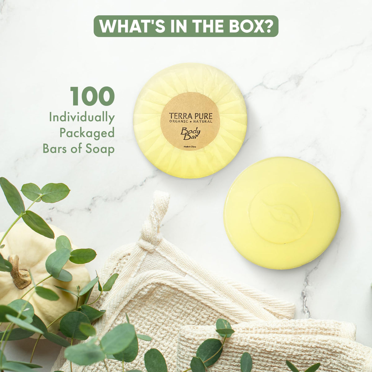 Terra Pure green tea scented soap bars on display in hotel room setting.