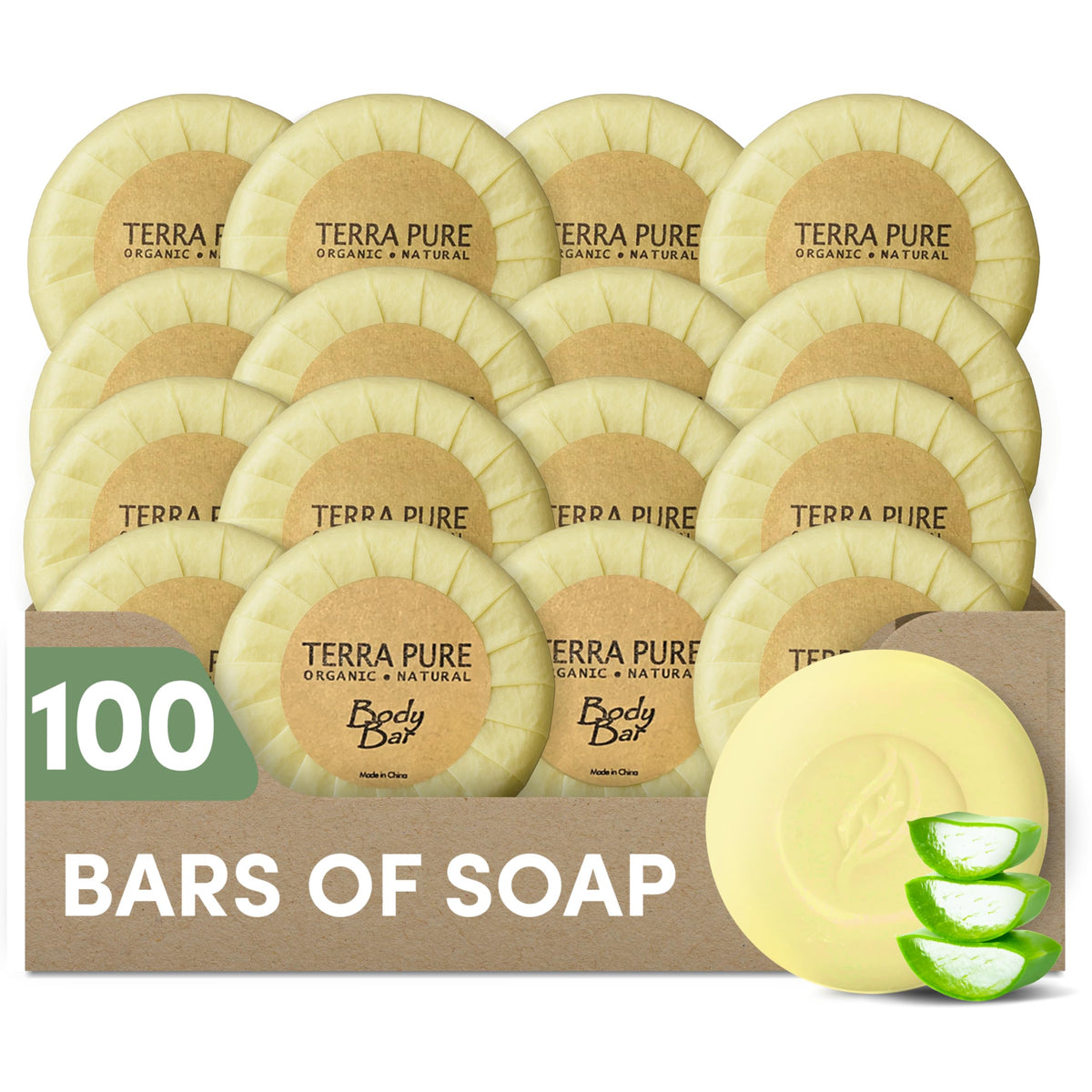 Terra Pure green tea travel bar soap packaging displayed for hotel guest rooms.