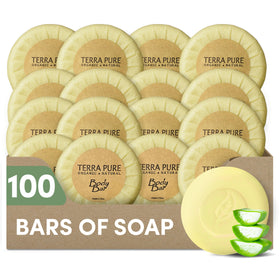 Terra Pure green tea travel bar soap packaging displayed for hotel guest rooms.
