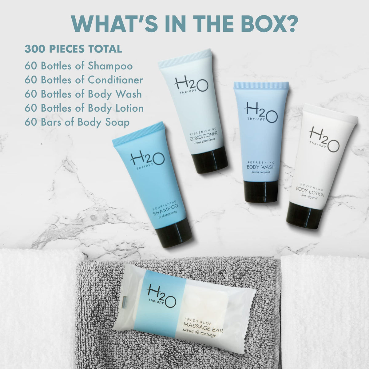 Terra Pure H2O Therapy body wash bottle, gentle travel-size cleansing for guests.