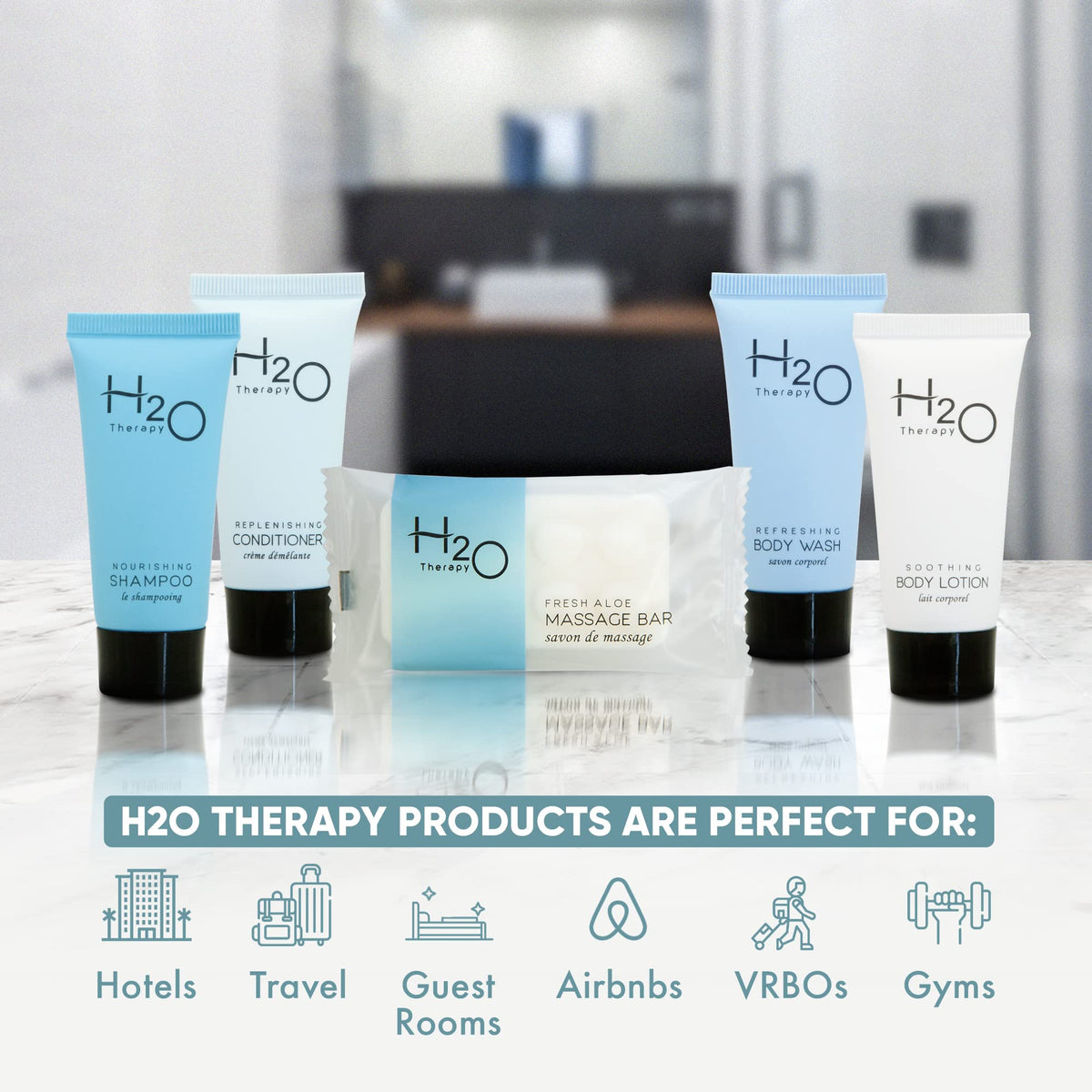 Terra Pure H2O Therapy conditioner bottle, compact luxury for hospitality amenities.