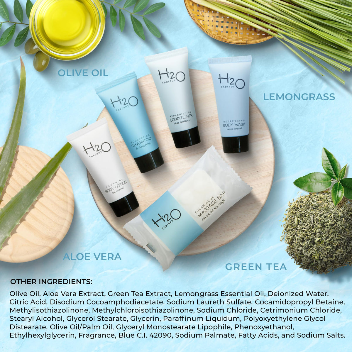 Terra Pure H2O Therapy lotion bottle, compact, skin-friendly guest amenities.