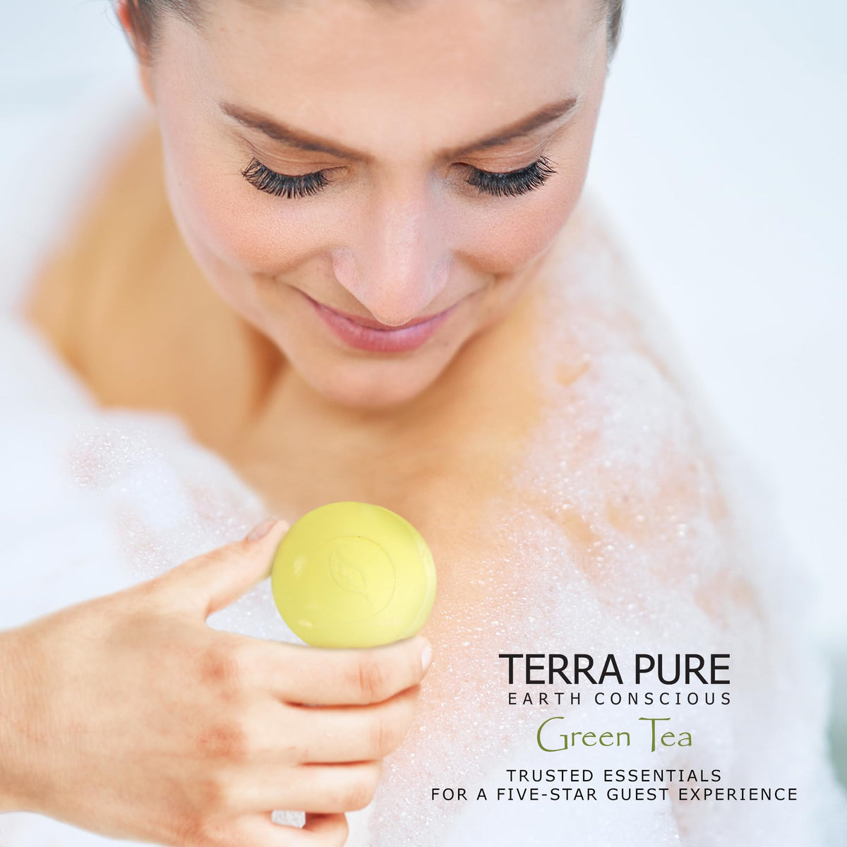 Terra Pure hospitality amenities line shown with assorted guest bathroom products.