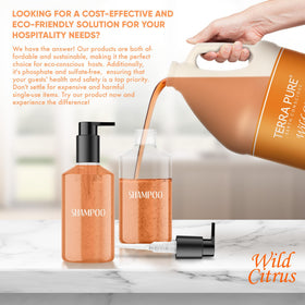 Terra Pure hotel bathroom setup featuring luxurious bulk shampoo for guests