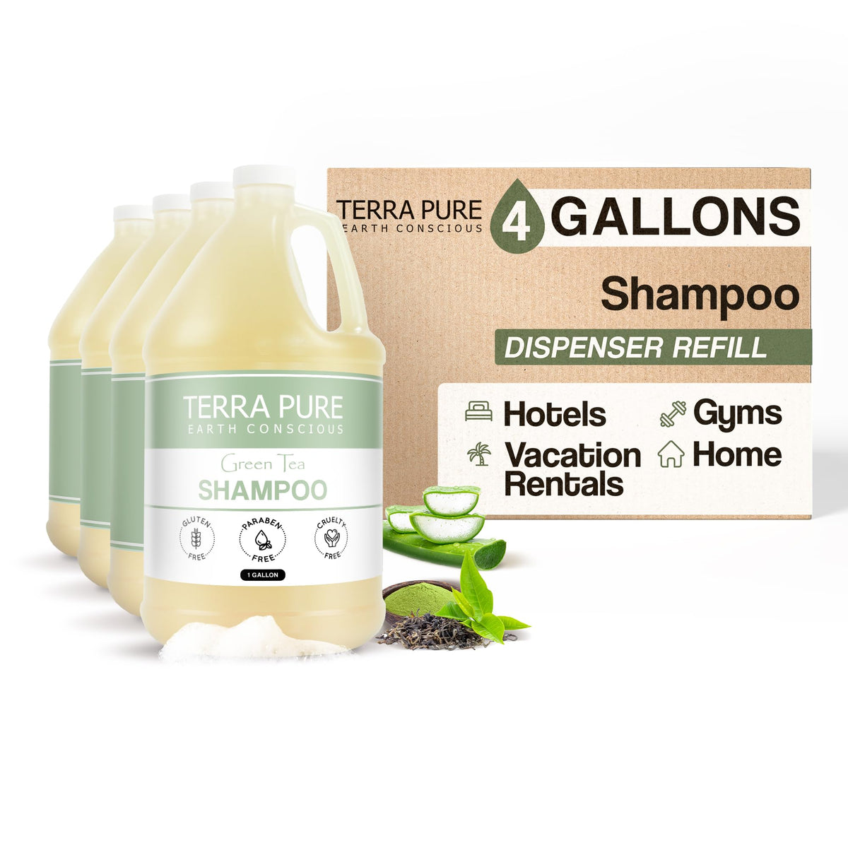 Terra Pure hotel shampoo 4gal set for easy dispenser refills in guest bathrooms.
