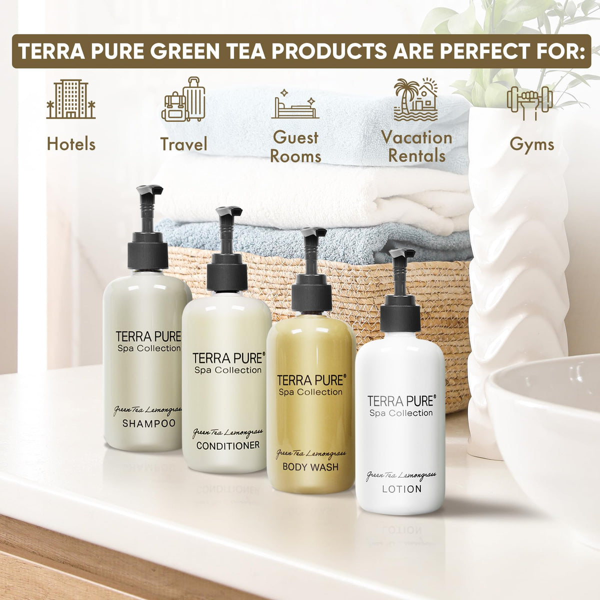Terra Pure Spa conditioner bottle for guest rooms, promotes quick detangling.