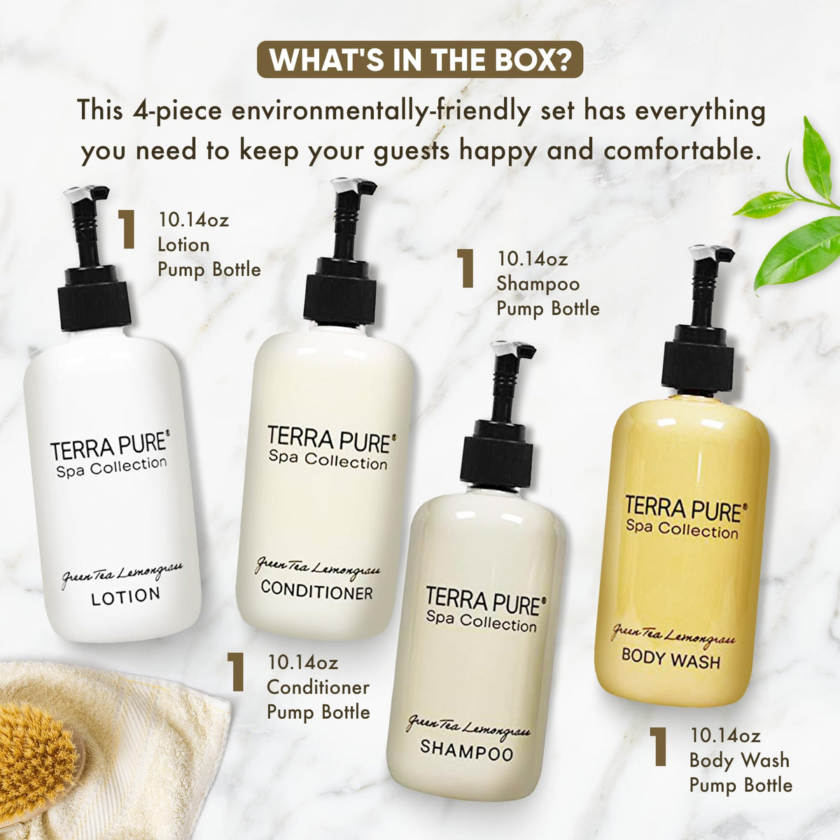 Terra Pure Spa hand and body wash bottle in hotel bathroom setup.