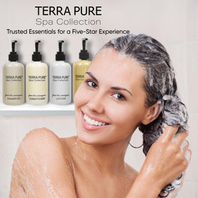 Hotel amenities display featuring Terra Pure Spa collection for guest access.