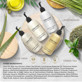 Terra Pure Spa lotion bottle for guest bathrooms, moisturizing and simple to access.