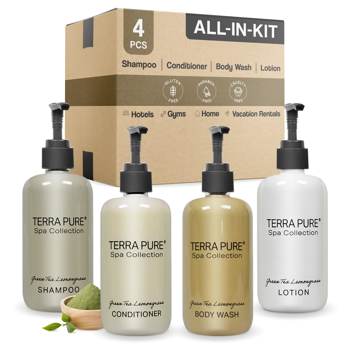 Terra Pure Spa shampoo bottle for guest rooms, compact and easy to restock.
