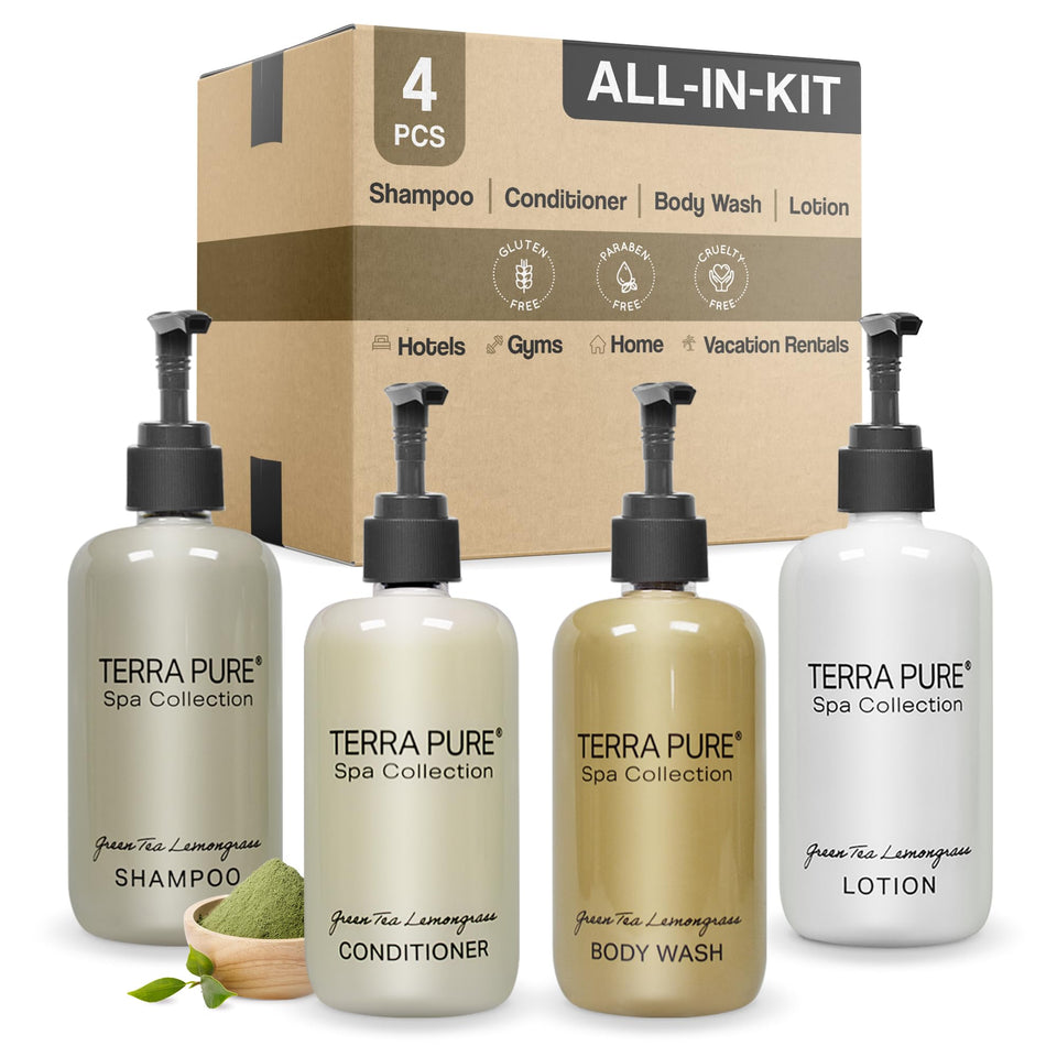 Terra Pure Spa shampoo bottle for guest rooms, compact and easy to restock.
