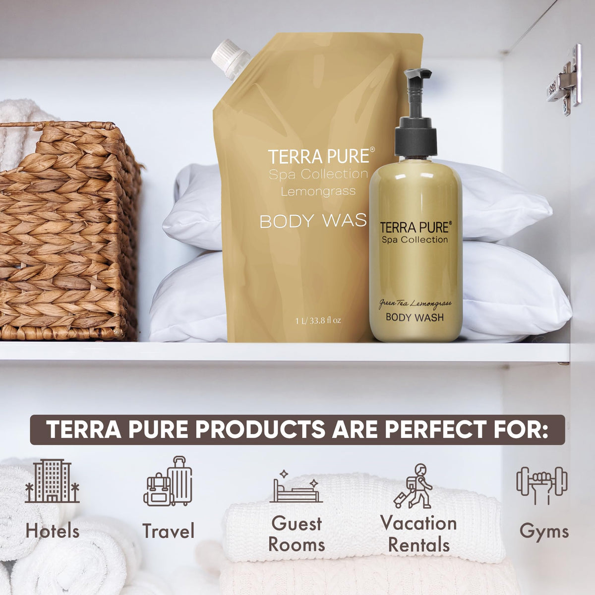 Terra Pure Spa Collection wall dispenser ready bottle for busy properties.