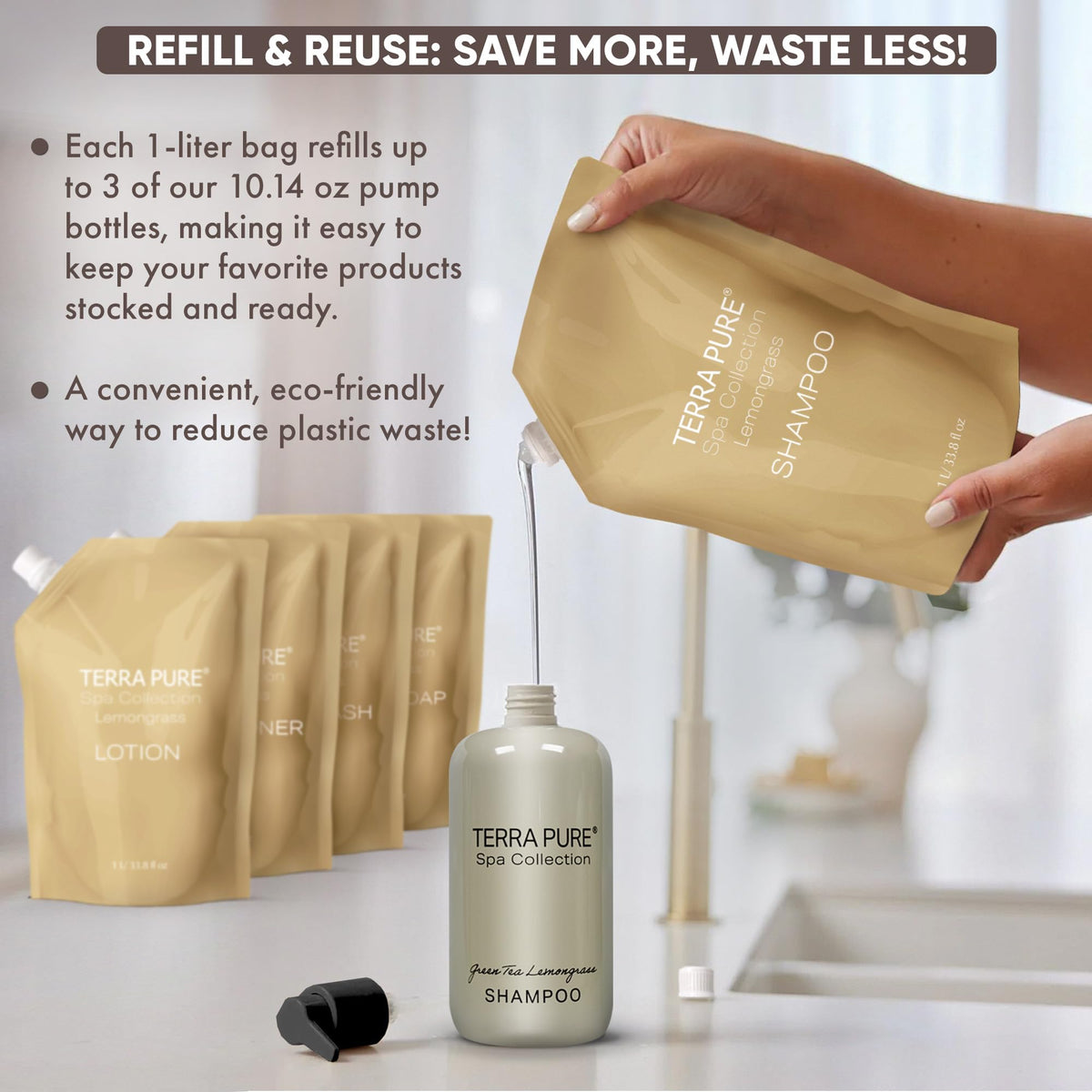Terra Pure Spa wall dispenser refill shown in a contemporary hotel bathroom for quick replenishment