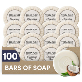 Terra Pure travel-size soap set in hotel rooms, ideal for guest amenities.