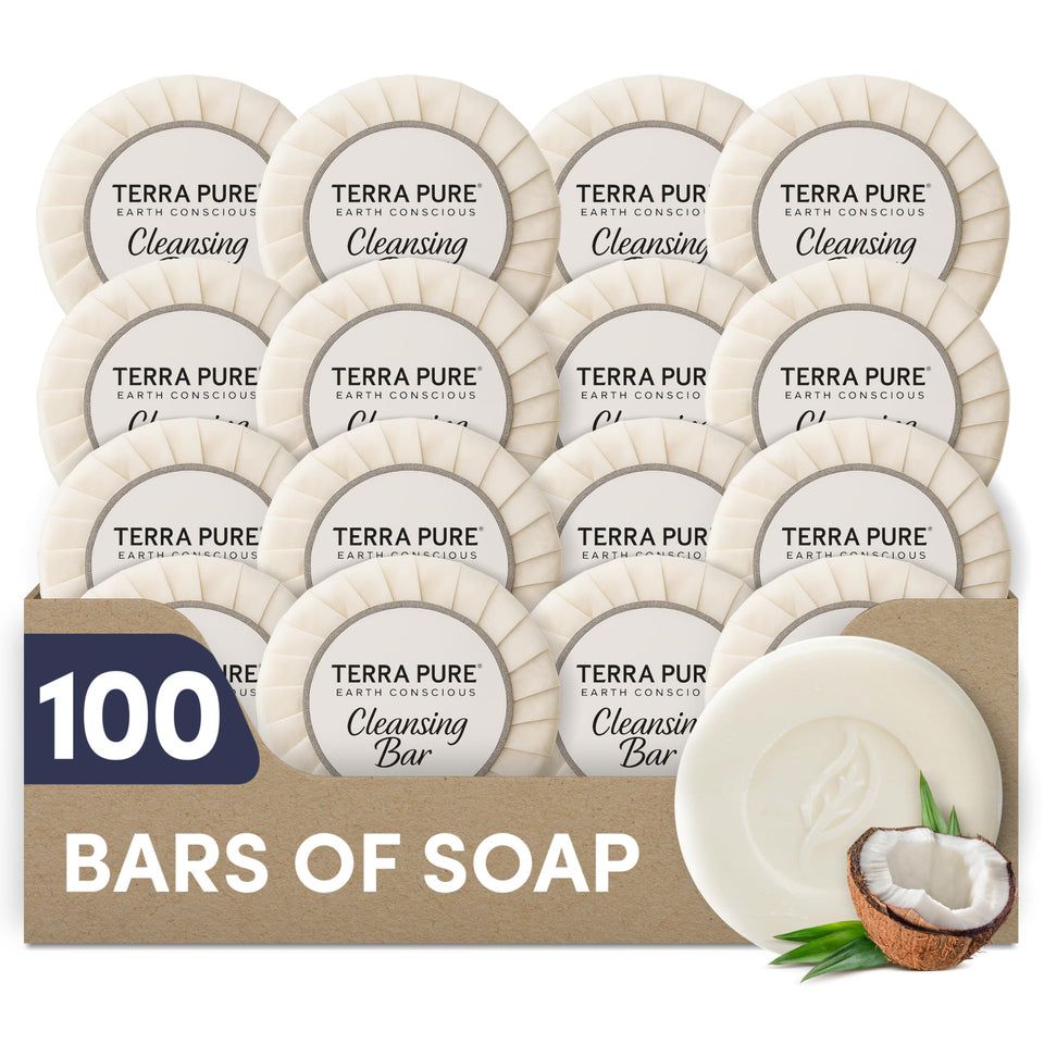 Terra Pure travel-size soap set in hotel rooms, ideal for guest amenities.