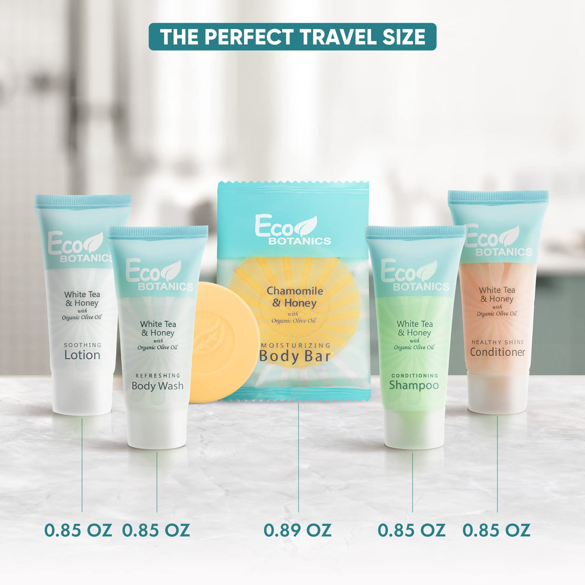 Terra Pure travel size body lotion bottle provides subtle hydration for daily guest use