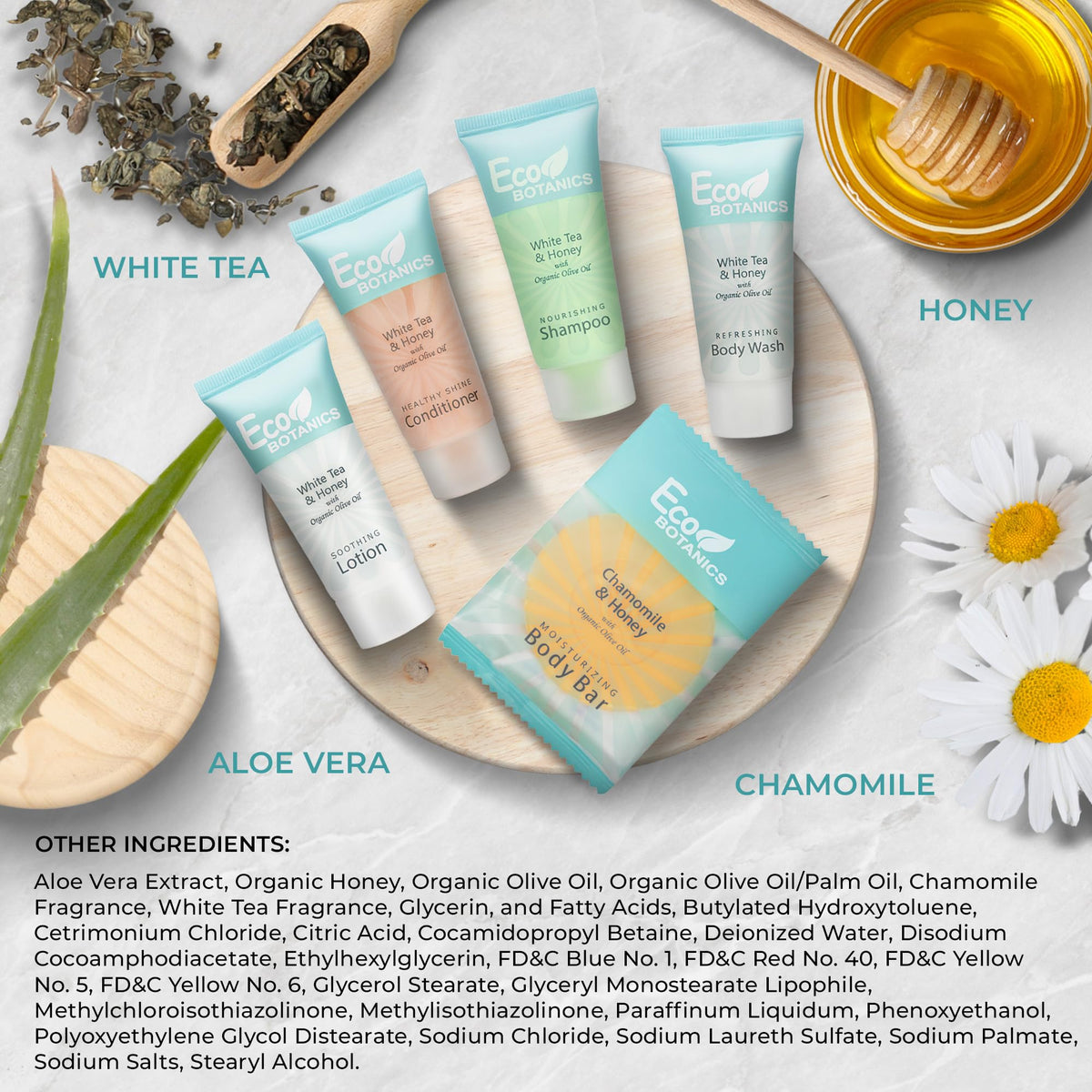 Terra Pure travel size body wash bottle features a light white tea fragrance for guests