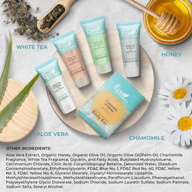 Terra Pure travel size body wash bottle features a light white tea fragrance for guests