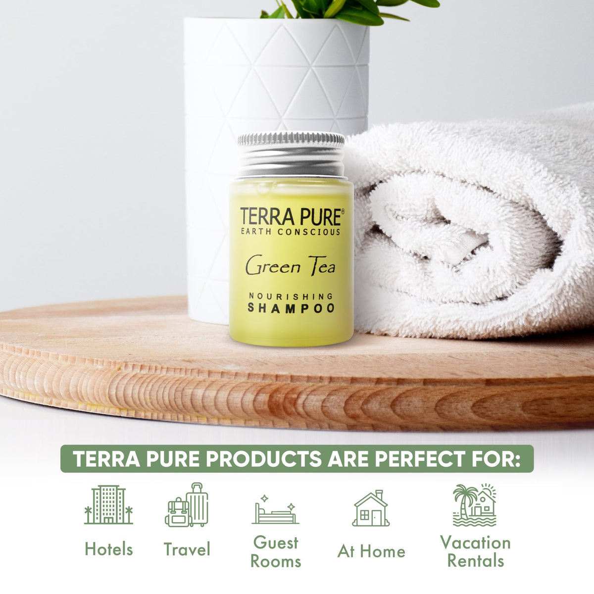 Terra Pure 1 oz shampoo bottles displayed for guests in a tidy hotel amenity setup.