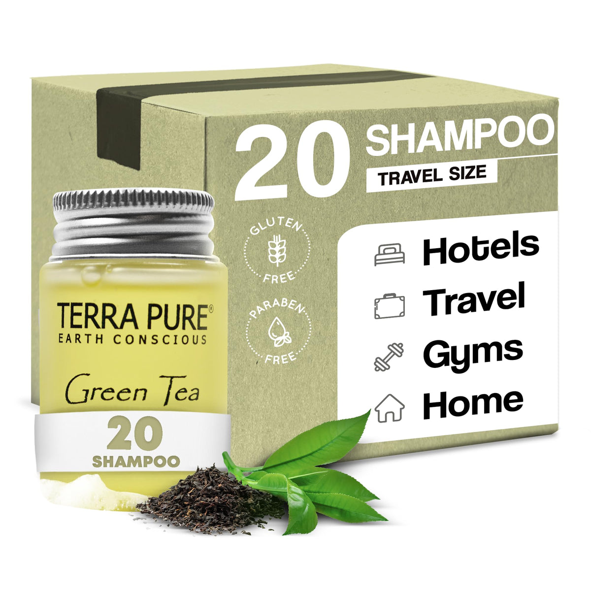 Terra Pure travel-size shampoo bottles lined for hotel amenities, minimizing waste and simplifying stays.