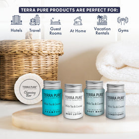 Terra Pure conditioner bottle featuring white tea coconut scent for silky hair