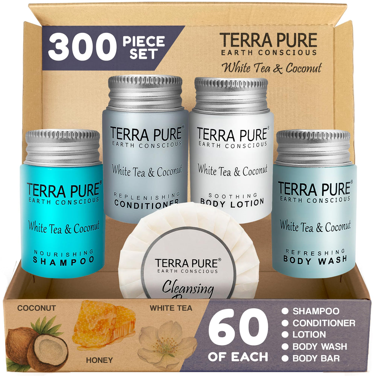 Terra Pure shampoo bottle with white tea coconut aroma for refreshed guests