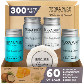 Terra Pure shampoo bottle with white tea coconut aroma for refreshed guests