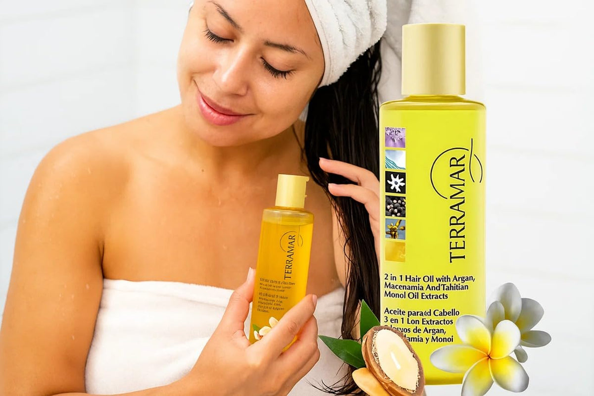 Terramar oil on wet or dry hair delivers frizz control and shine.