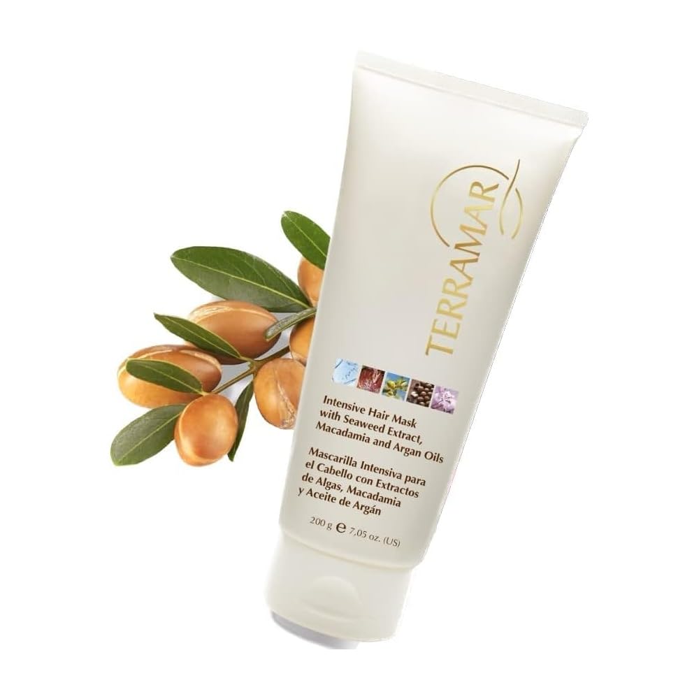 Terramar Intensive Hair Mask bottle demonstrates nourishing argan oil benefits for dry hair.