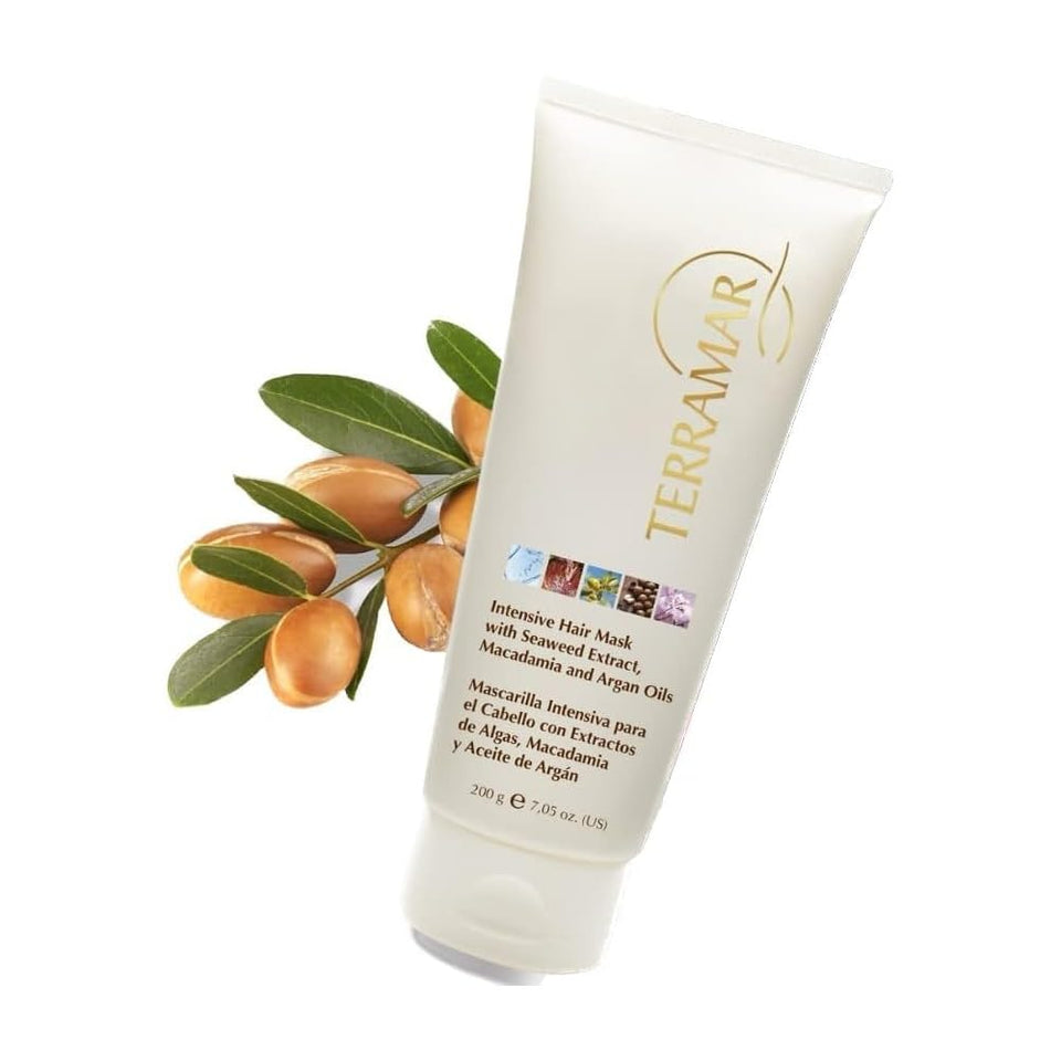 Terramar Intensive Hair Mask bottle demonstrates nourishing argan oil benefits for dry hair.