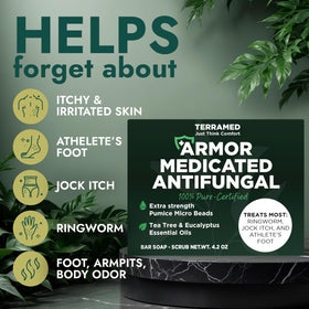 Terramed Just Think Comfort antifungal soap with eucalyptus gently soothes irritated areas.