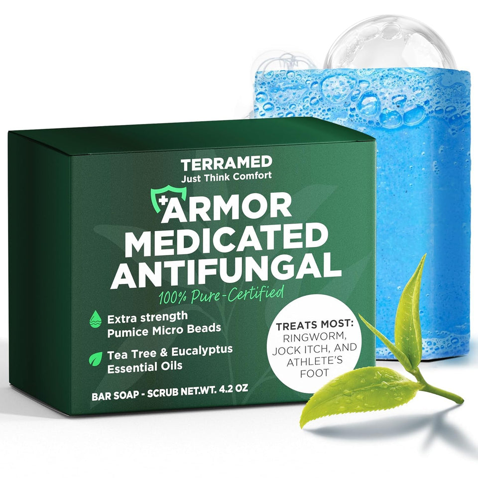 Terramed Just Think Comfort antifungal soap with tea tree for refreshing daily cleansing.