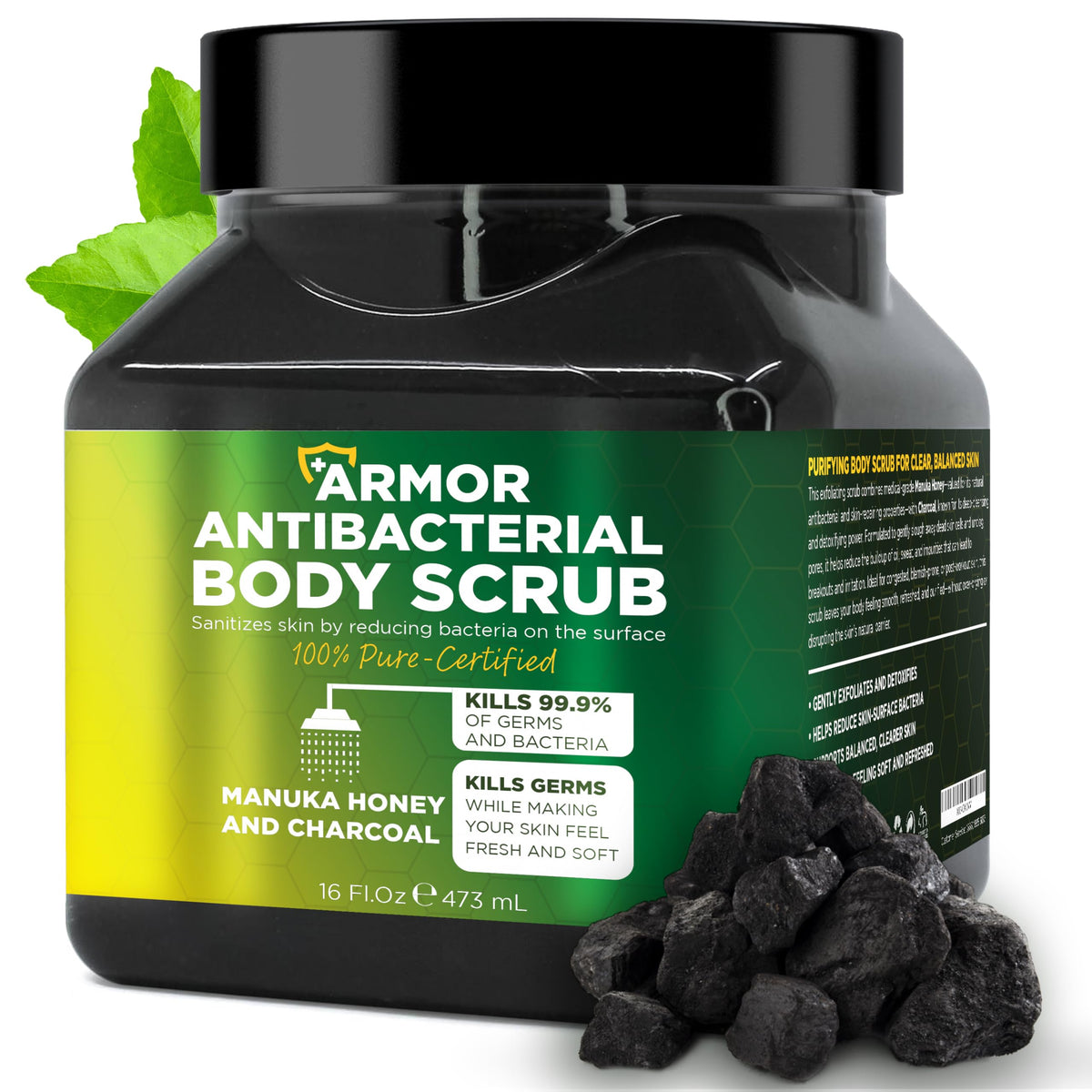 Terramed Just Think Comfort antibacterial body scrub jar with manuka honey and charcoal for deep cleansing.