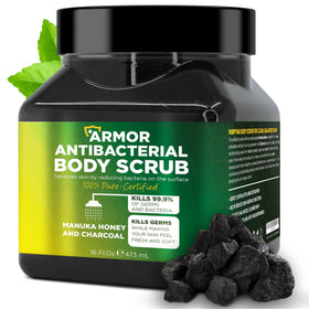 Terramed Just Think Comfort antibacterial body scrub jar with manuka honey and charcoal for deep cleansing.