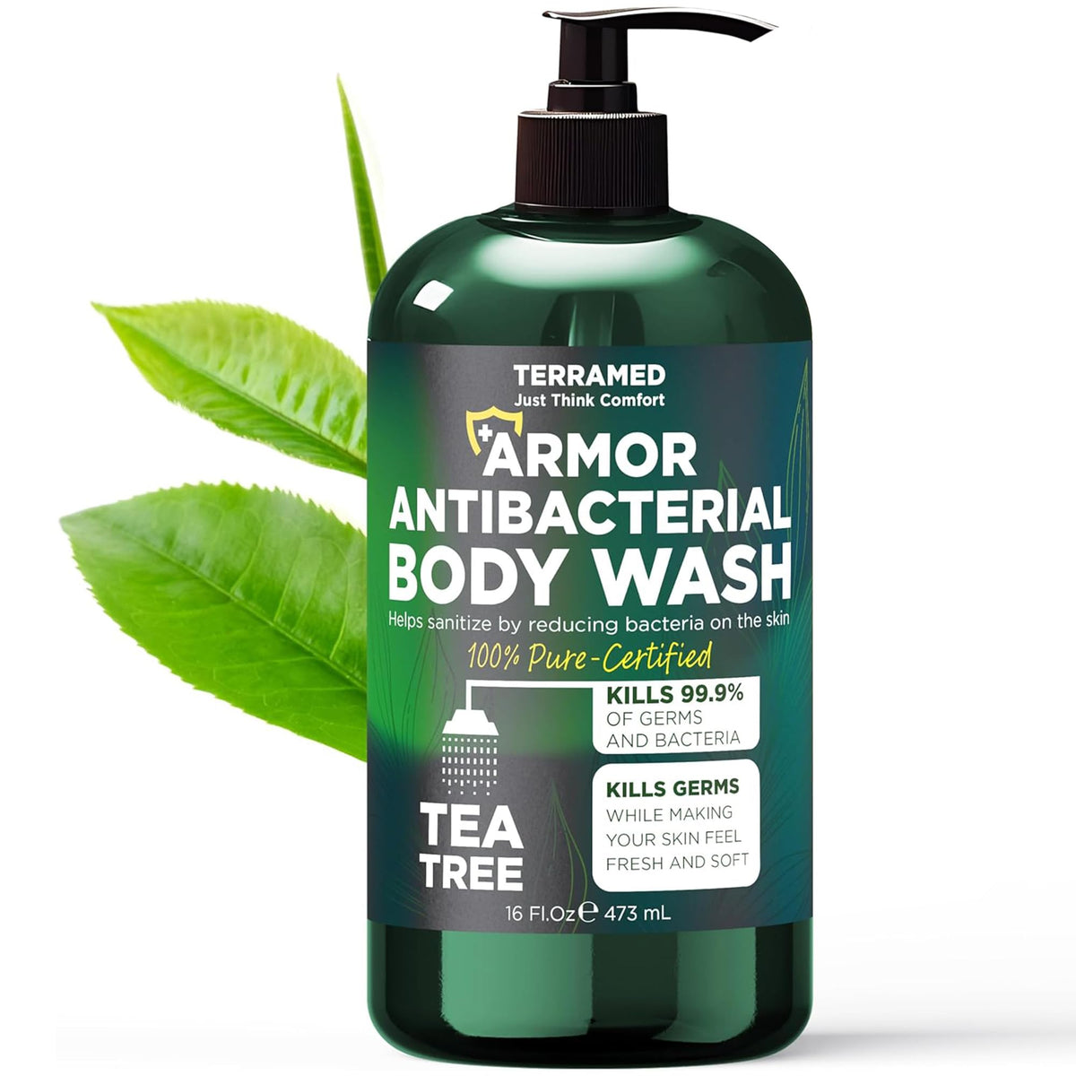 Terramed Just Think Comfort antibacterial body wash bottle front with tea tree oil for refreshed skin.