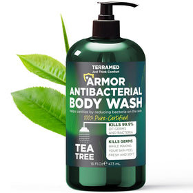 Terramed Just Think Comfort antibacterial body wash bottle front with tea tree oil for refreshed skin.