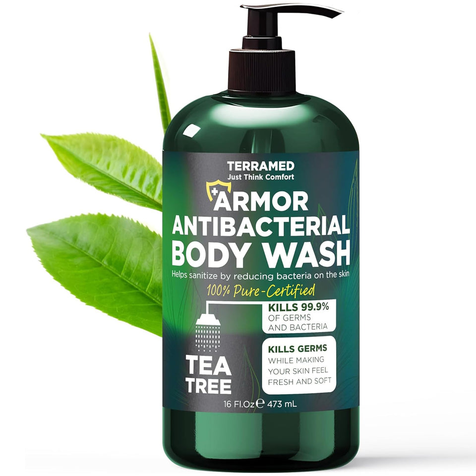 Terramed Just Think Comfort antibacterial body wash bottle front with tea tree oil for refreshed skin.