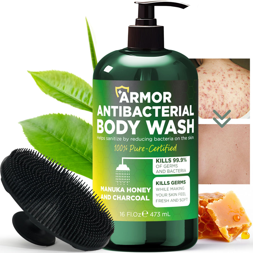 Terramed Just Think Comfort antibacterial body wash bottle highlights 99.9% protection and refreshing cleanse.