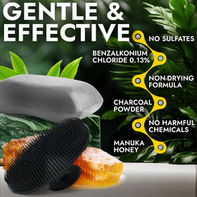 Terramed antibacterial soap bar closeup highlighting charcoal helps purify skin.