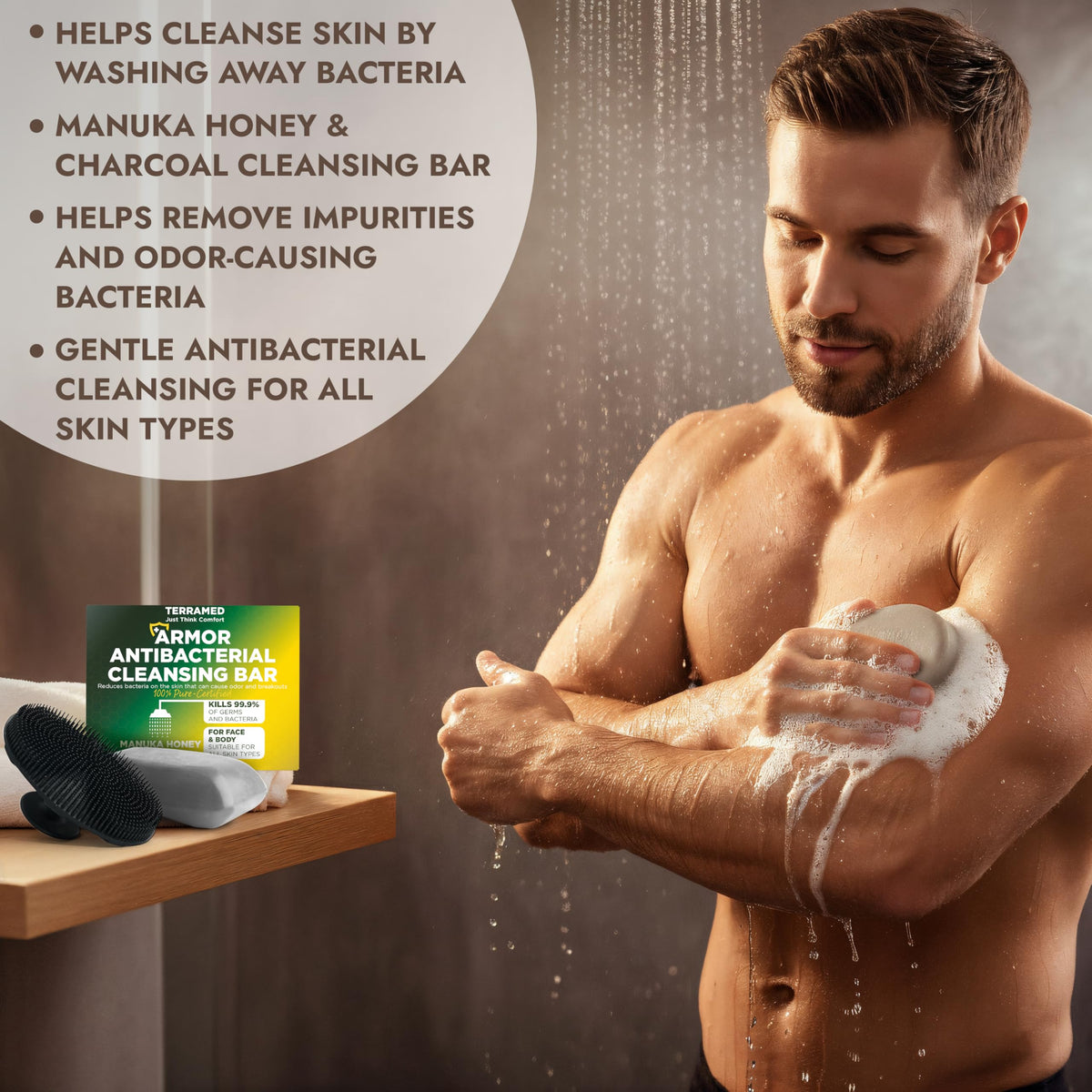 Terramed Just Think Comfort bar highlights back acne and odor control potential.