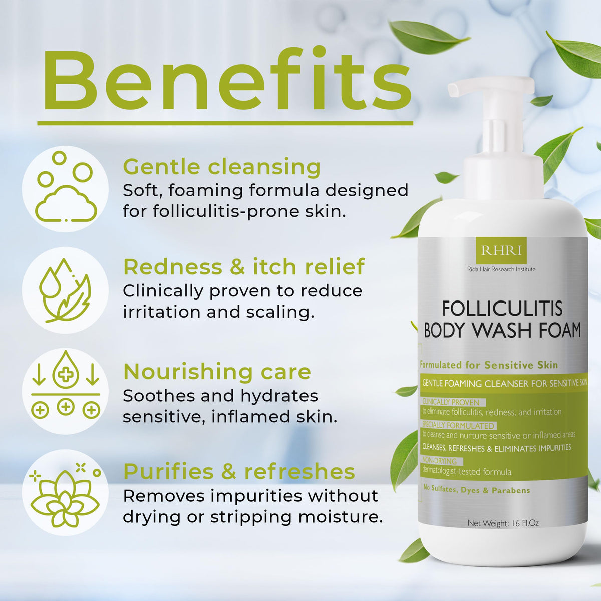 Terramed Just Think Comfort Folliculitis Body Wash foam providing soothing cleansing.