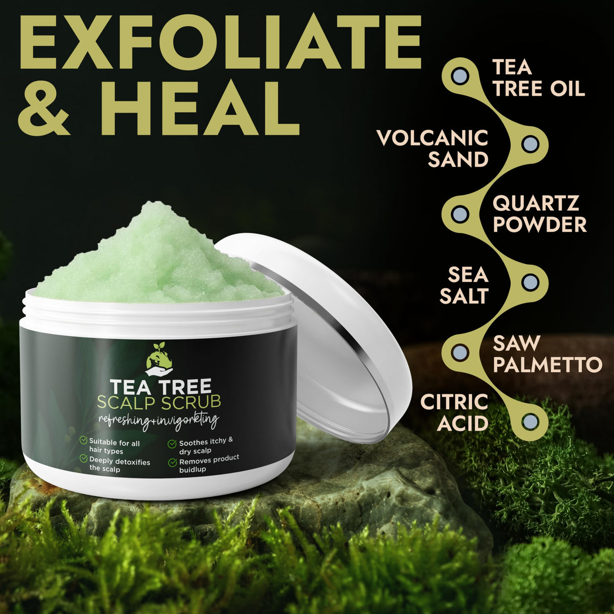 Terramed Just Think Comfort Tea Tree Scalp Scrub applied to scalp for soothing cleansing.