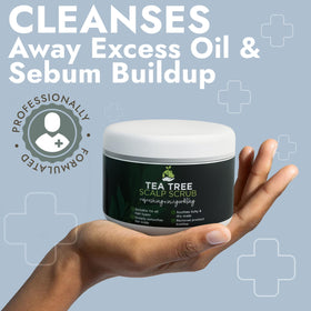Terramed Just Think Comfort Tea Tree Scalp Scrub bottle with mineral ingredients for clarifying feel.