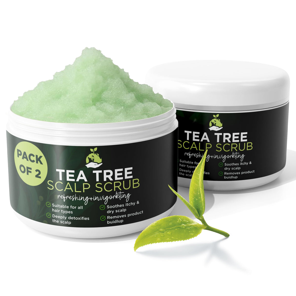 Terramed Just Think Comfort Tea Tree Scalp Scrub hero bottle promotes a refreshing scalp cleanse.