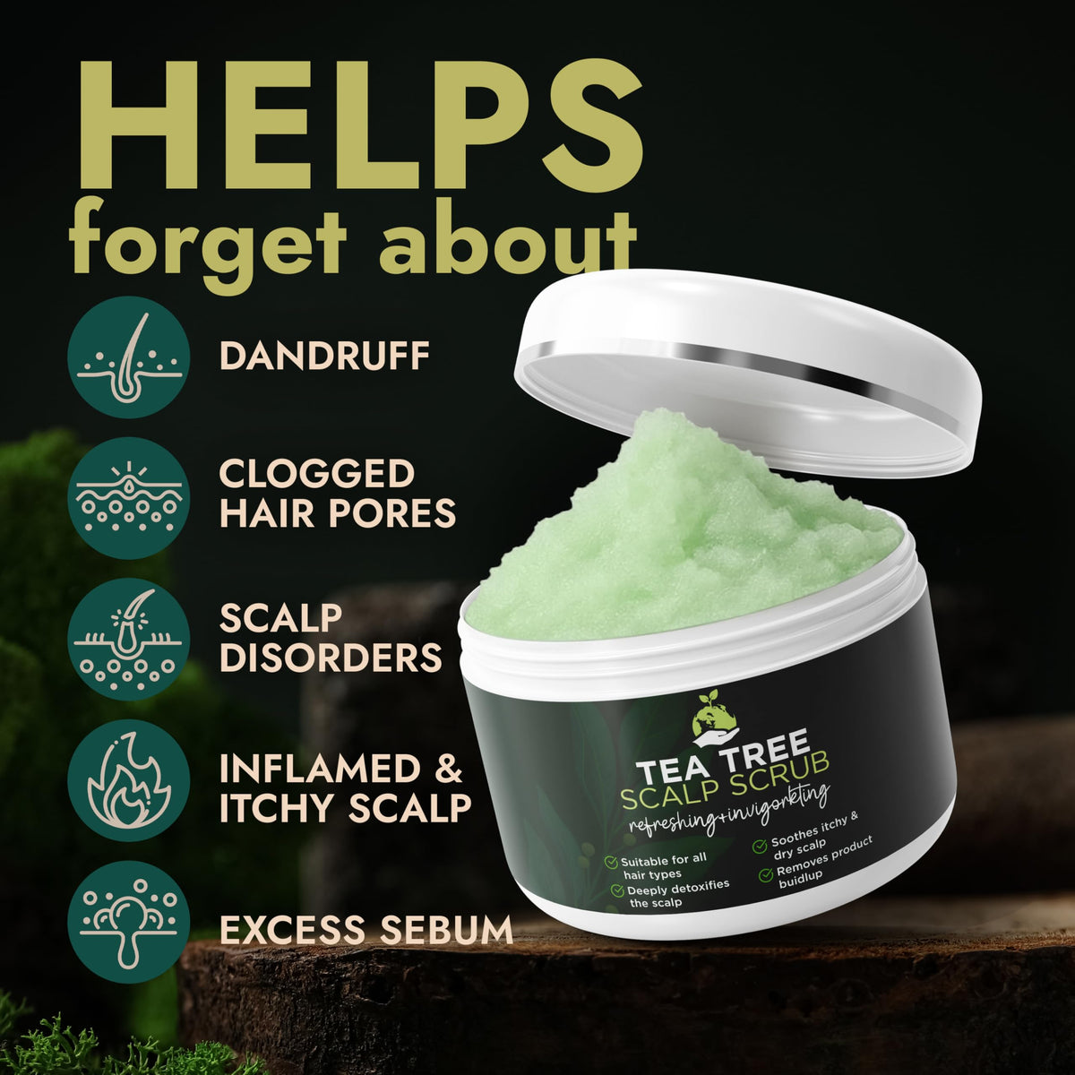 Terramed Just Think Comfort Tea Tree Scalp Scrub texture close-up shows exfoliation.
