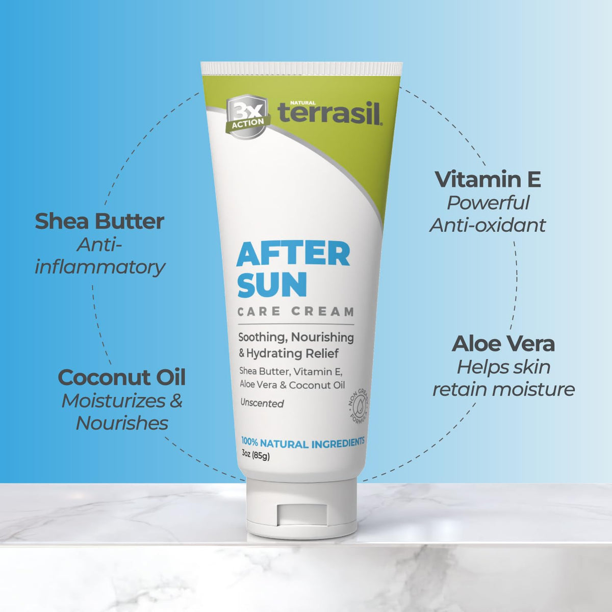 Terrasil After Sun Lotion Vitamin E jar highlighting nourishing antioxidants.