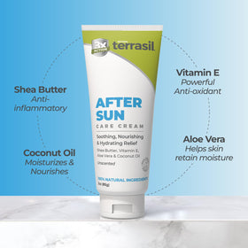 Terrasil After Sun Lotion Vitamin E jar highlighting nourishing antioxidants.
